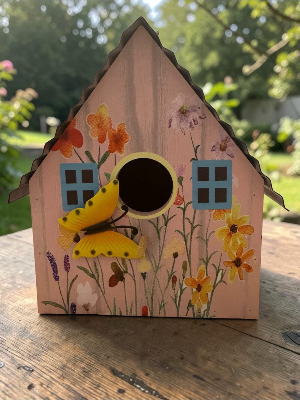Charming Cottagecore Pink Floral Birdhouse 3-D Butterfly Accent Metal Roof